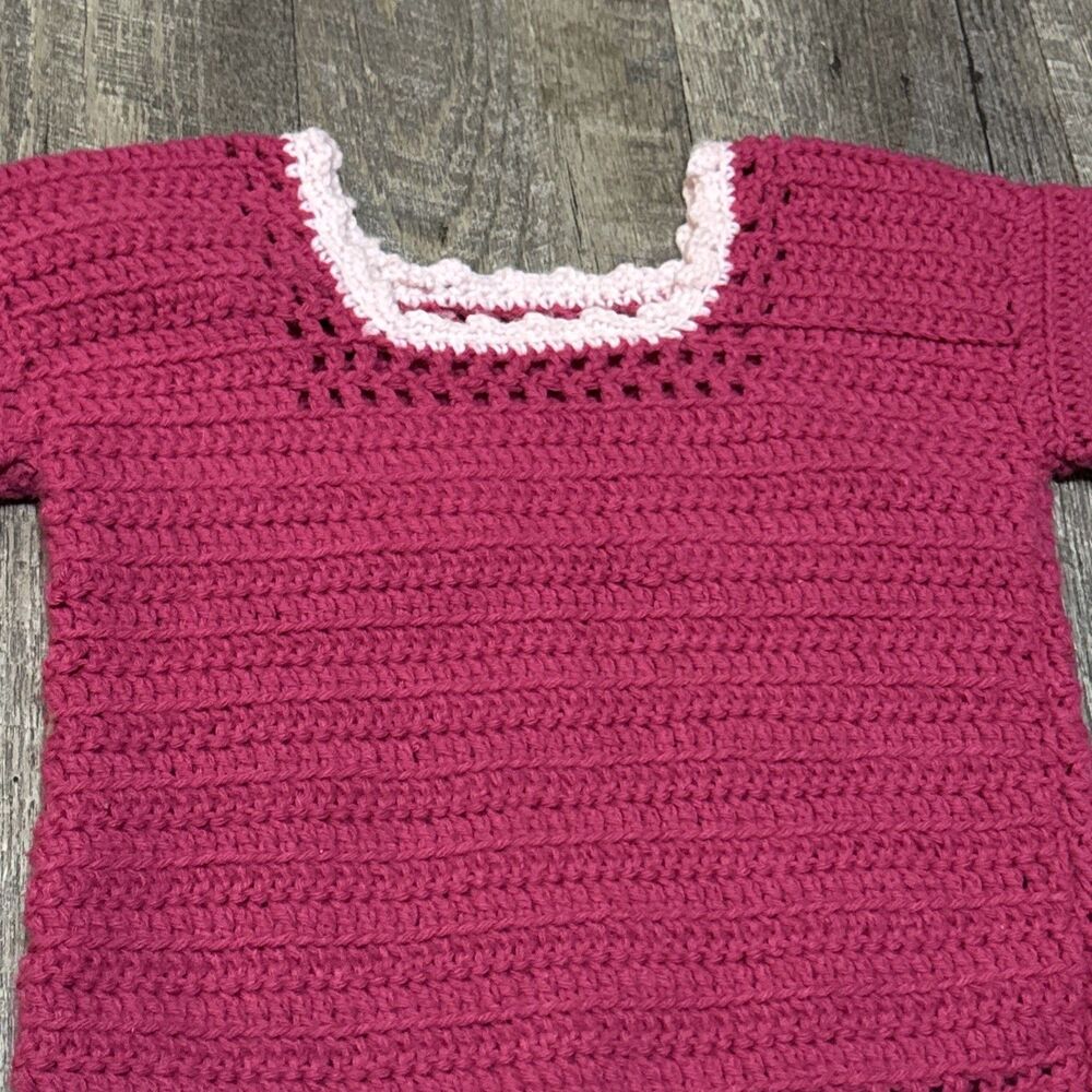 Handmade Crochet Hot Pink Sweater Contrast Pastel Trim Mesh Cutout Top XXS/XS